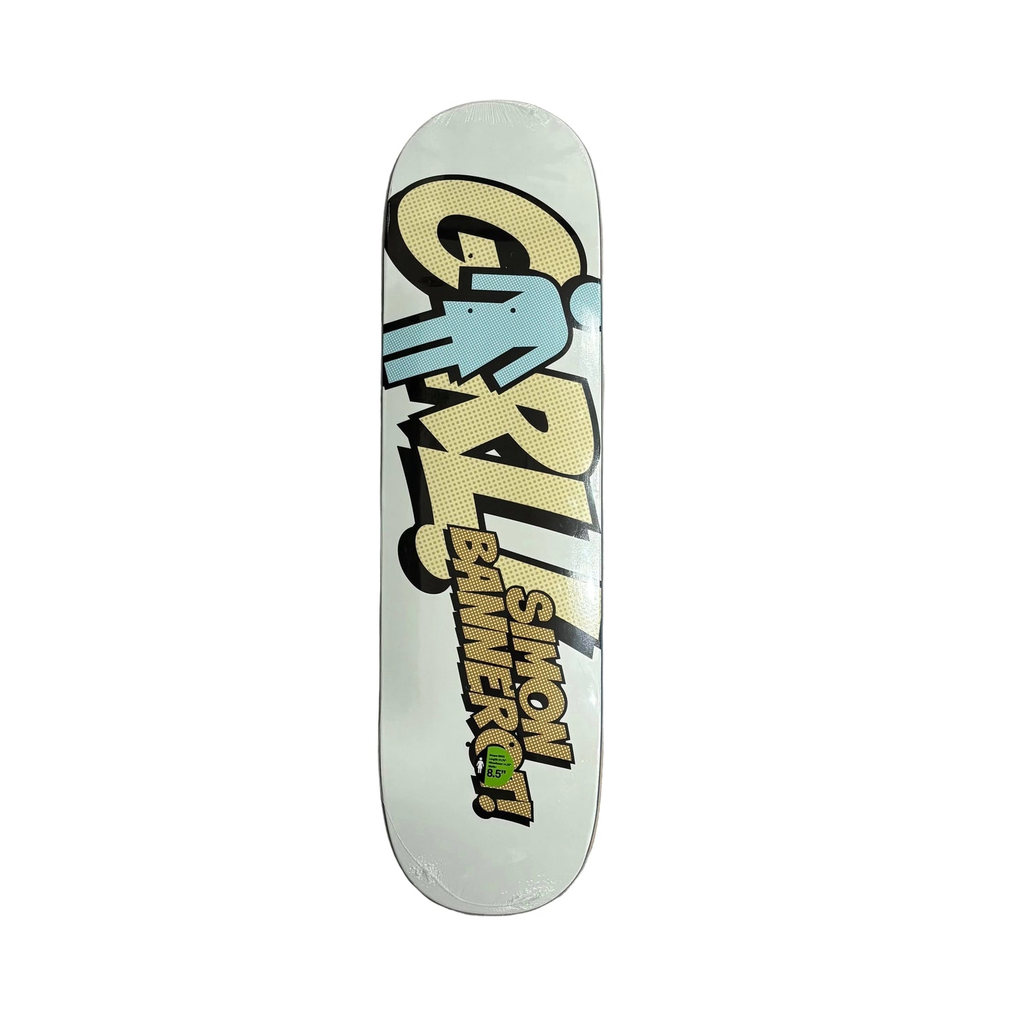 Skateboard deck with colorful graphics on a white surface