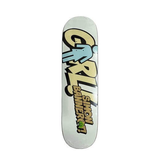 Skateboard deck with colorful graphics on a white surface