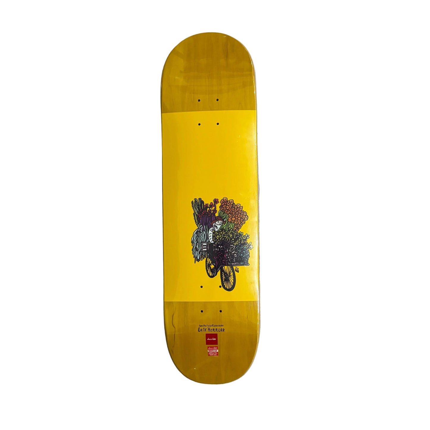 Yellow skateboard deck with a colorful graphic on a white background