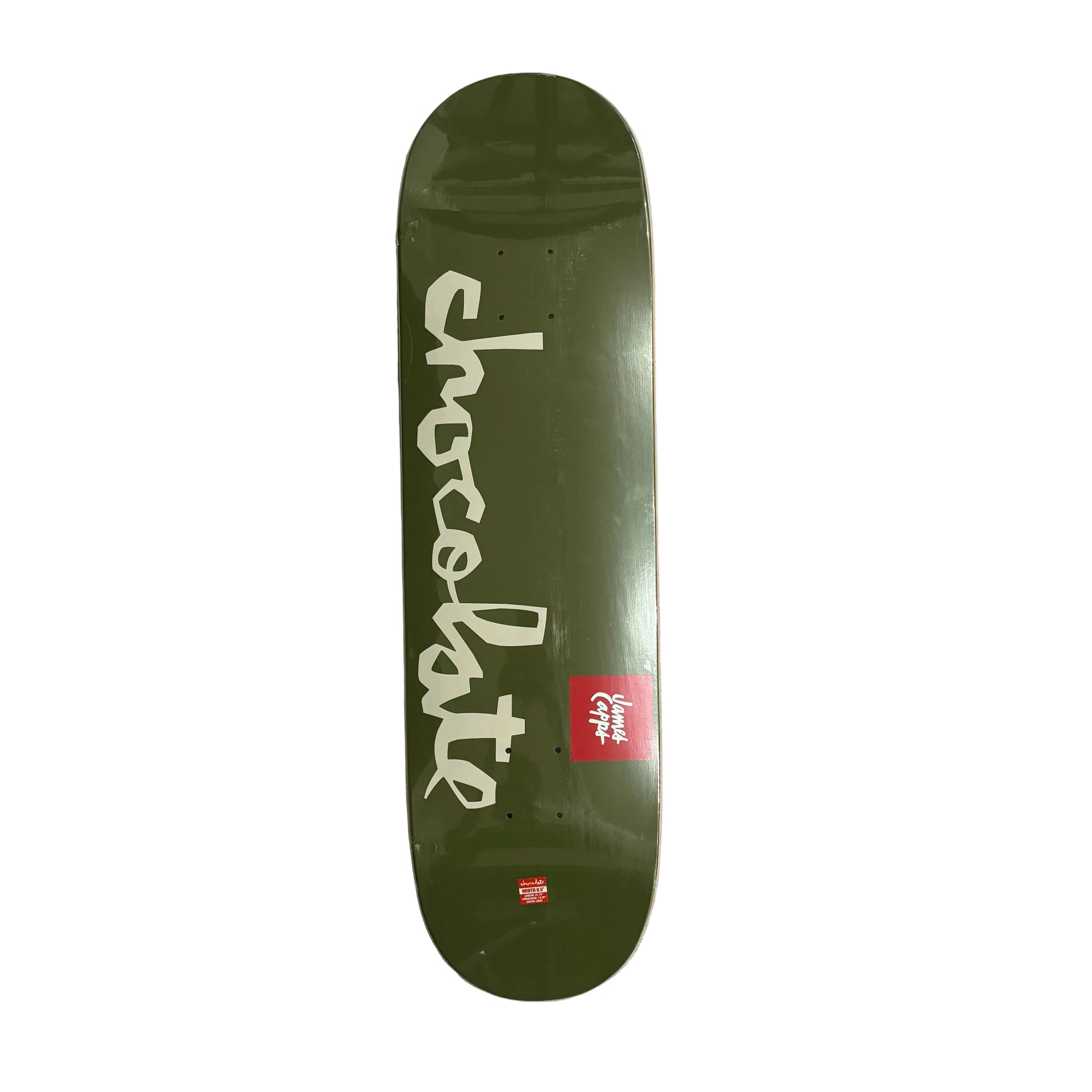 Green skateboard deck with CHOCOLATE text