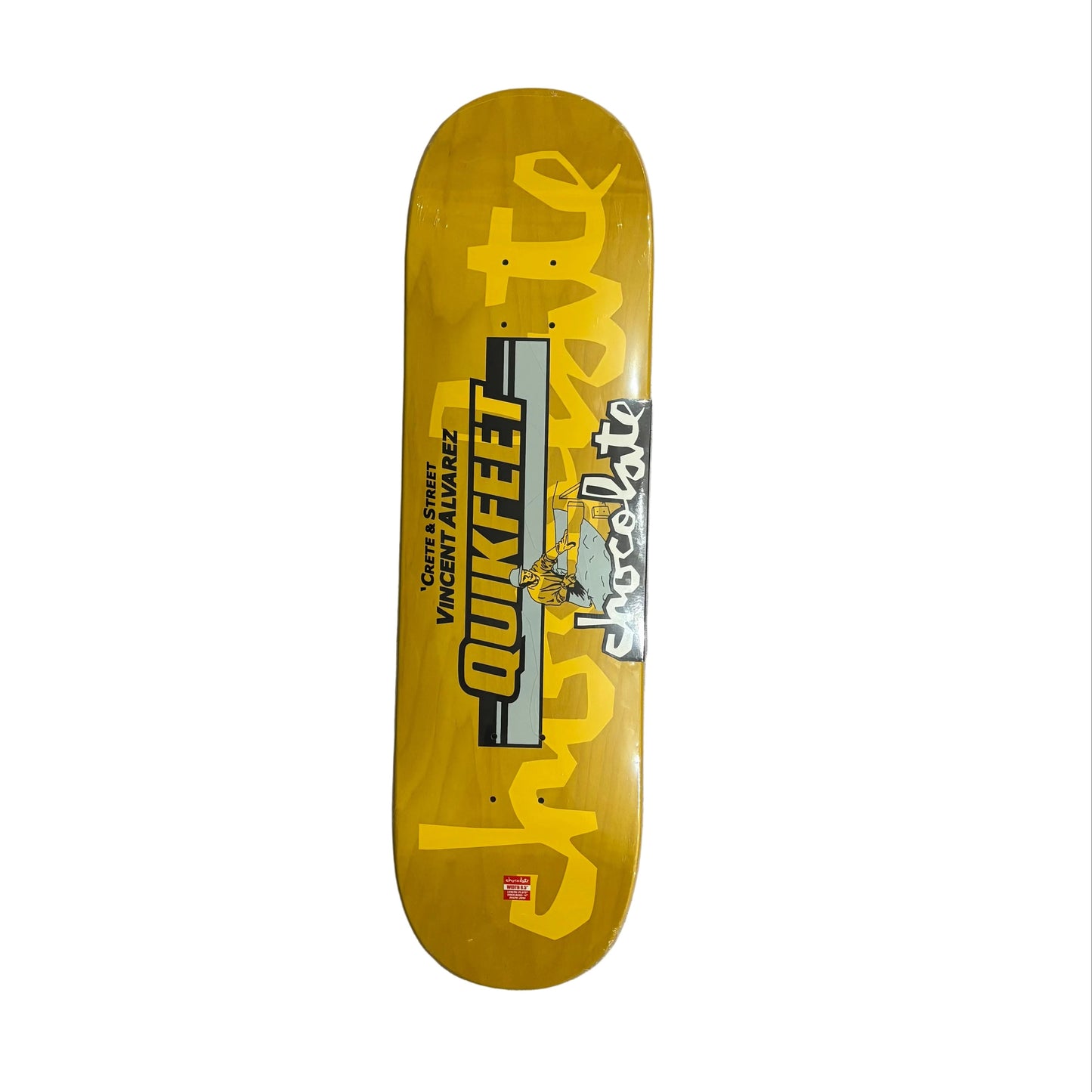 Skateboard deck with visible branding on a white surface