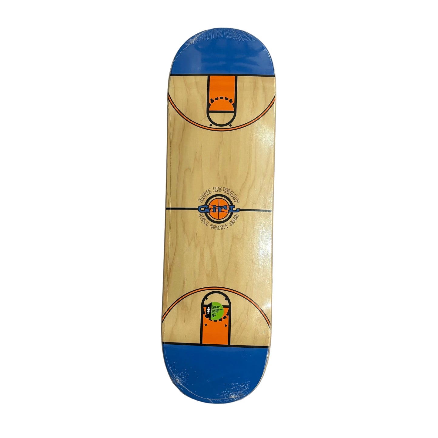 Skateboard deck with basketball court design on a white surface