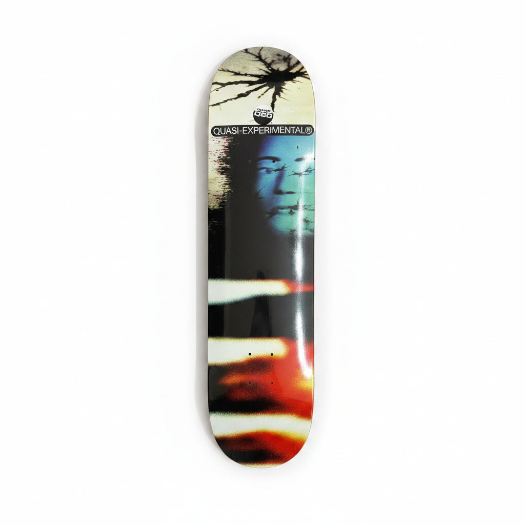 blue, red and white skateboard design with a face on the center