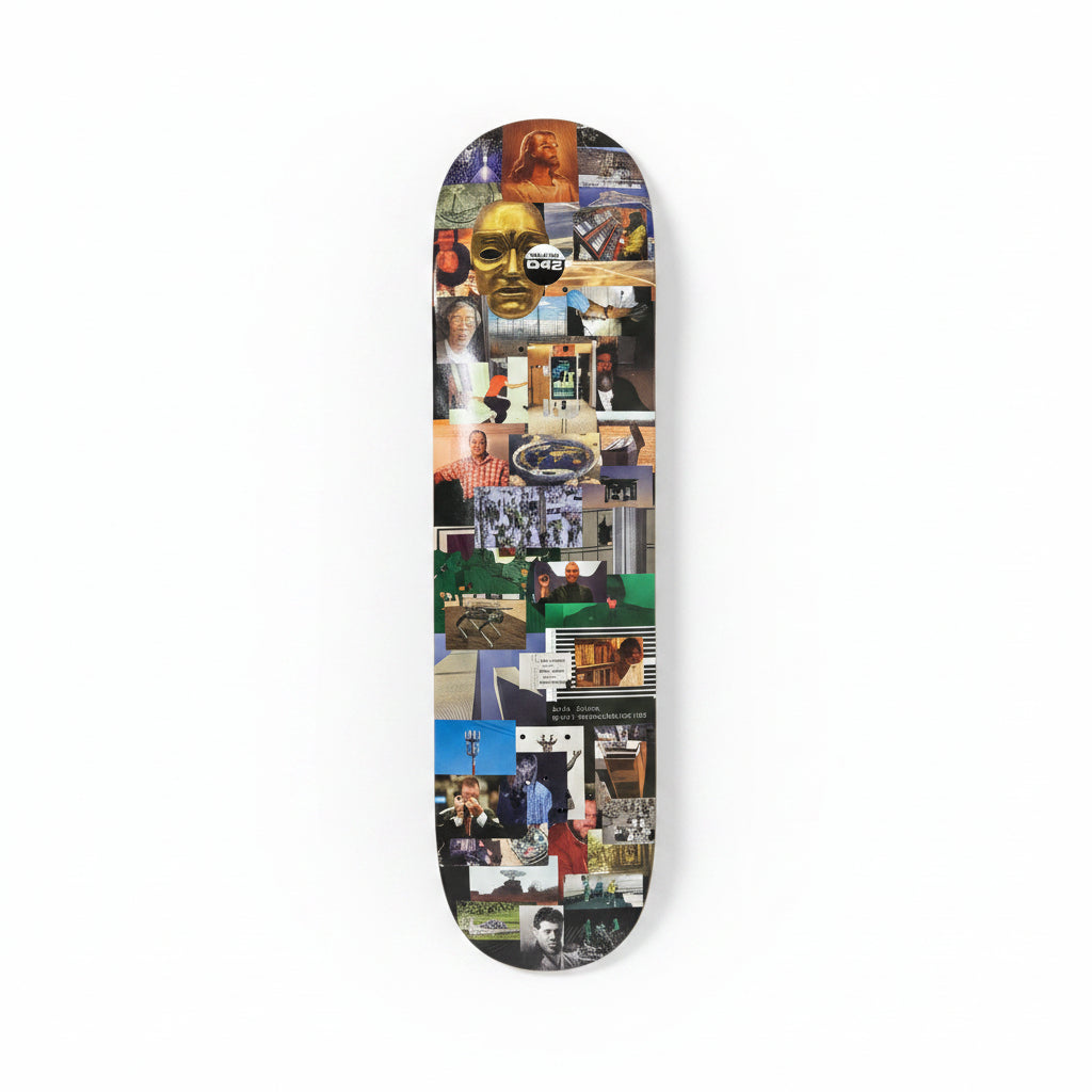collage style graphic on skateboard deck