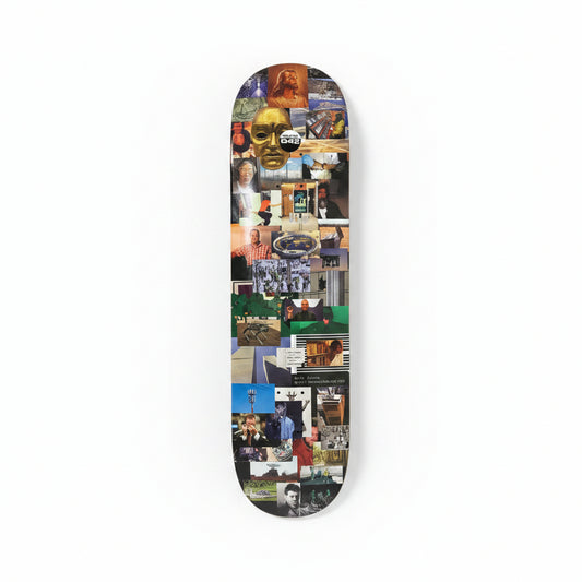 collage style graphic on skateboard deck