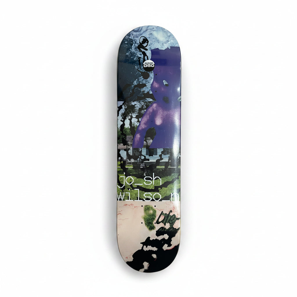 multi color abstract ollage style graphic on skateboard deck