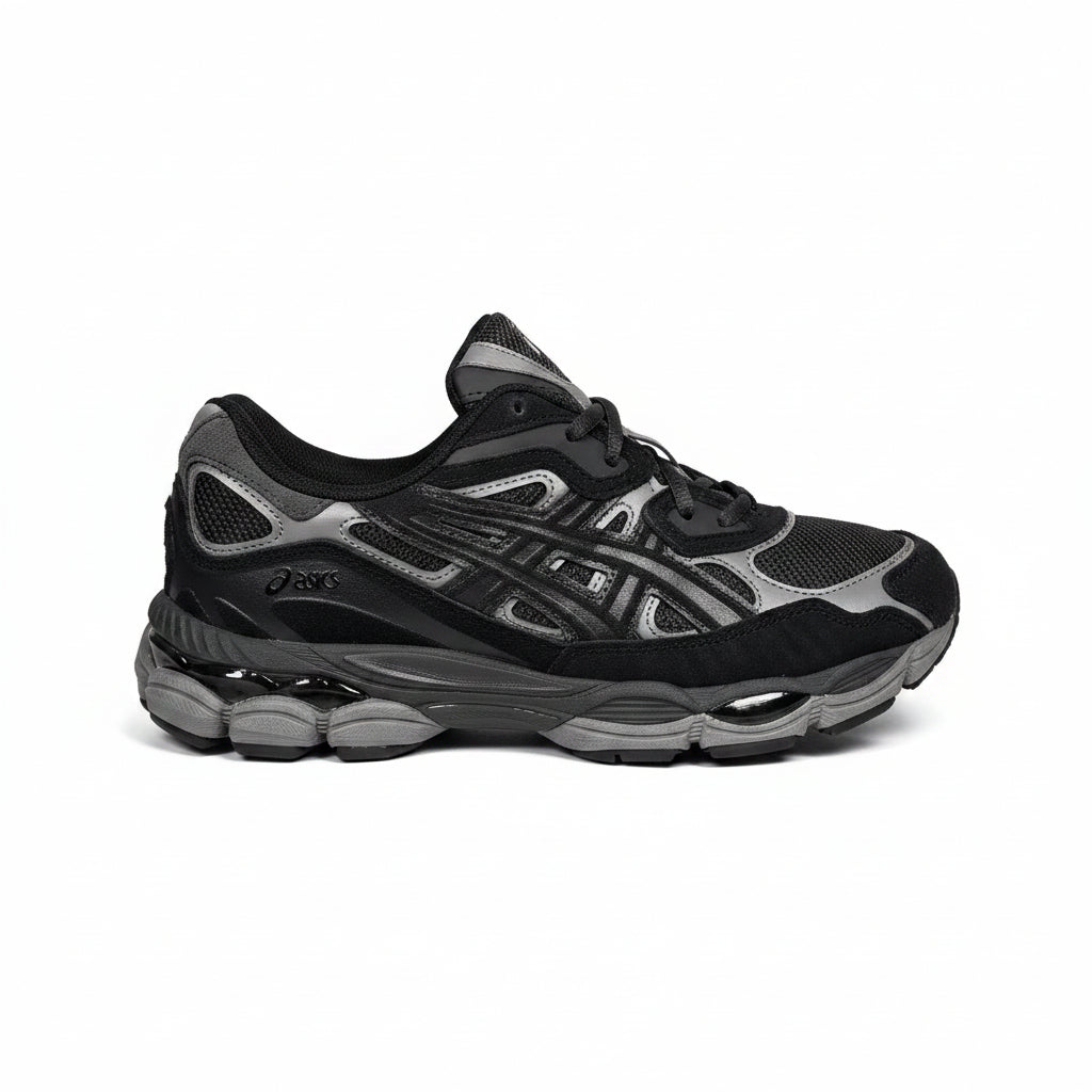 Black and gray running shoe on a white background
