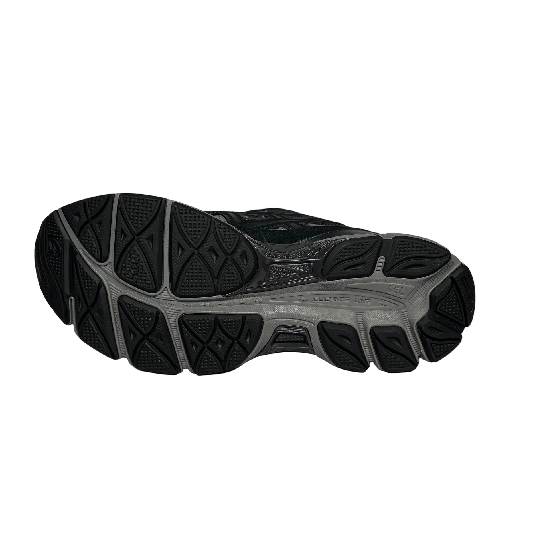Black athletic shoe sole on a white background
