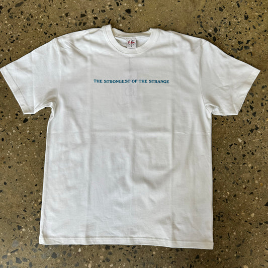 white t-shirt with "the strongest of the strange" printed on the chest in blue letters