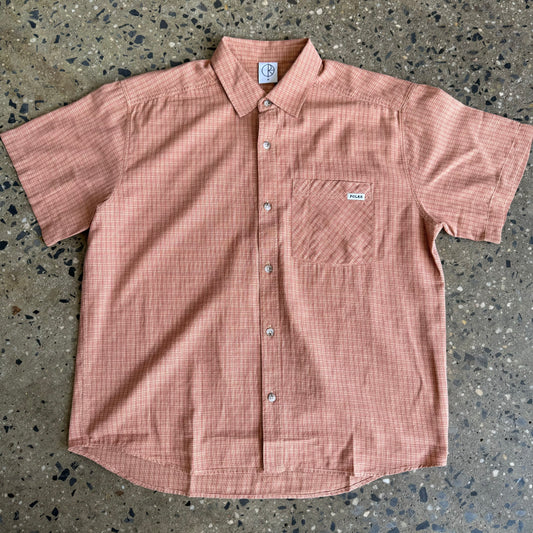 reddish orange check/plaid style button up shirt