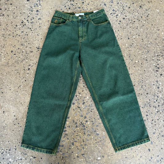 chartreuse colored baggy denim pants