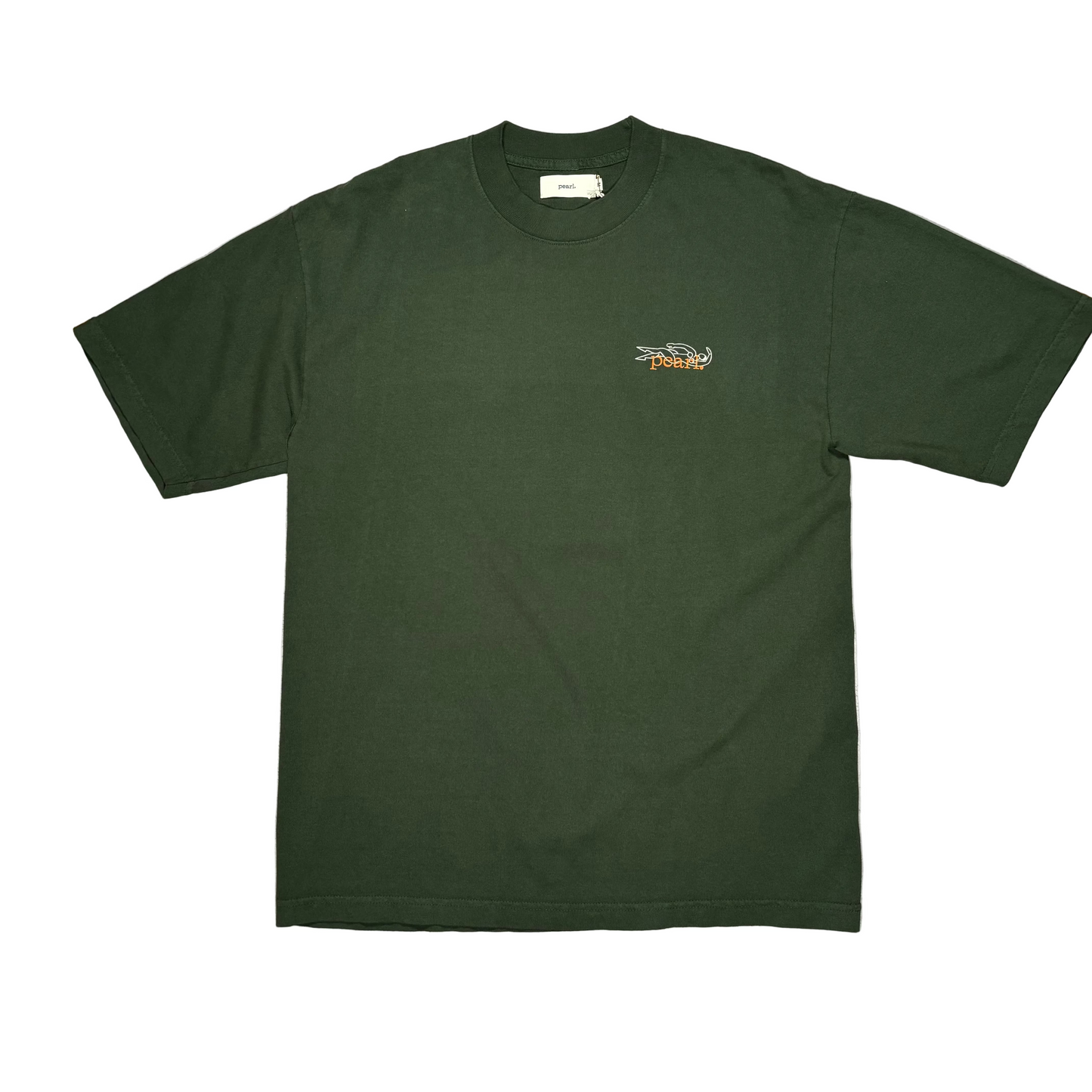 green t-shirt with small logo on left chest, on white background
