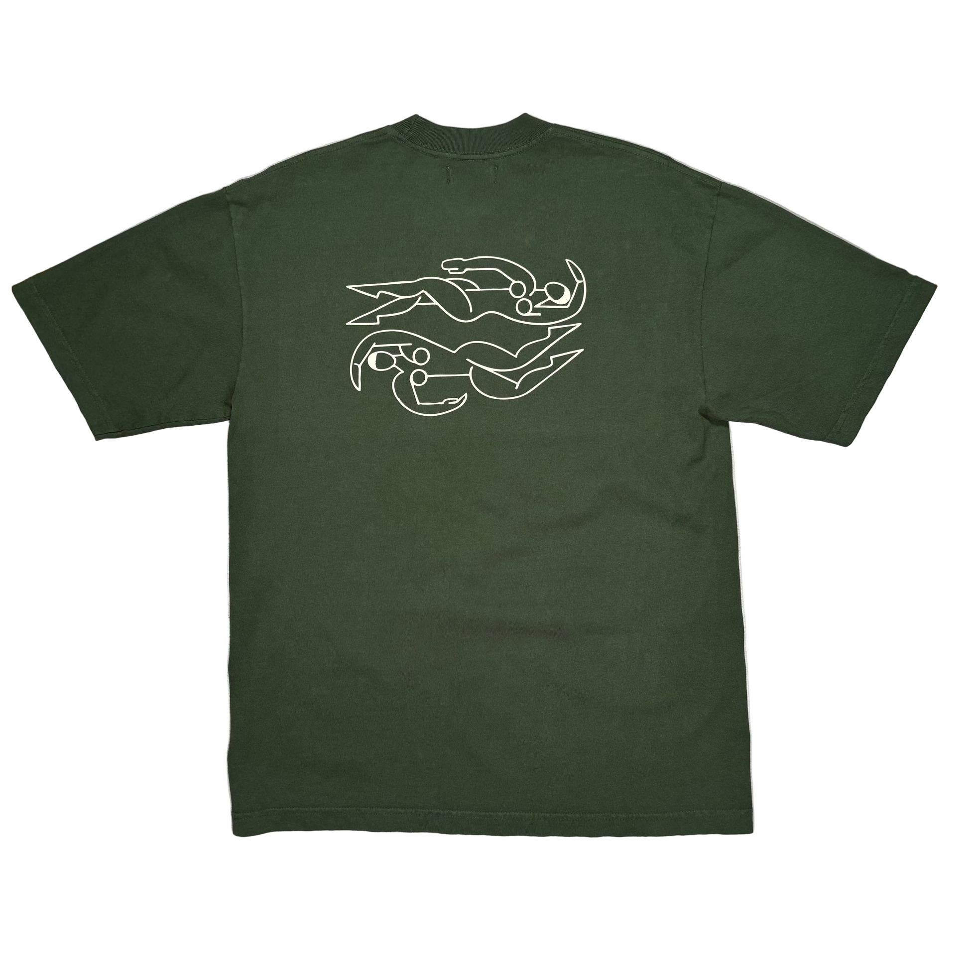 rear of green t-shirt with hand drawn style logo on upper part of back, on a white background