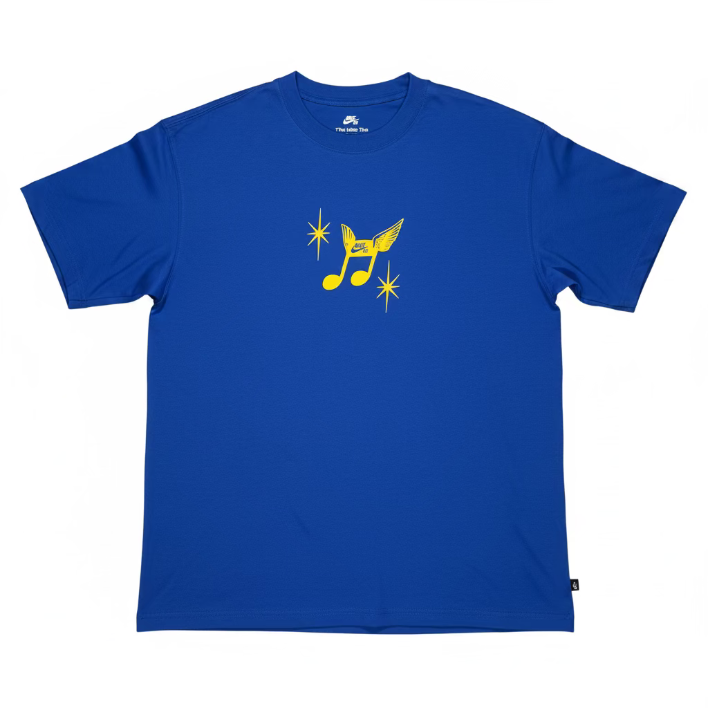 royal blue nike SB tee with music note with wings, on white background
