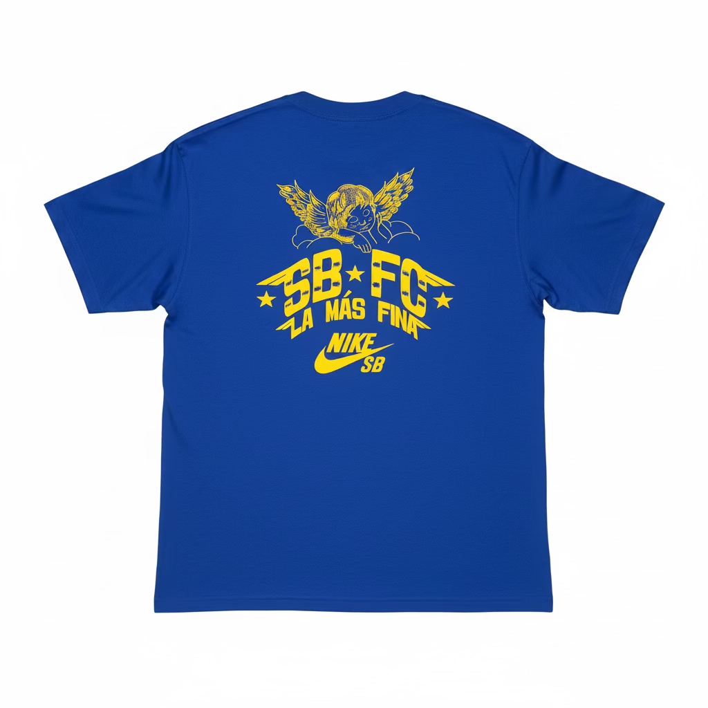 rear of royal blue nike sb tee, with SB FC and la mas fina printed on back, on white background