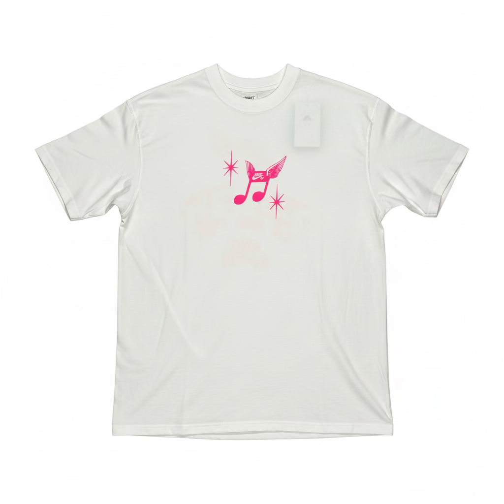 white nike sb t-shirt with pink music note printed in center chest, on a white background