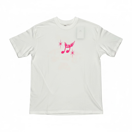 white nike sb t-shirt with pink music note printed in center chest, on a white background