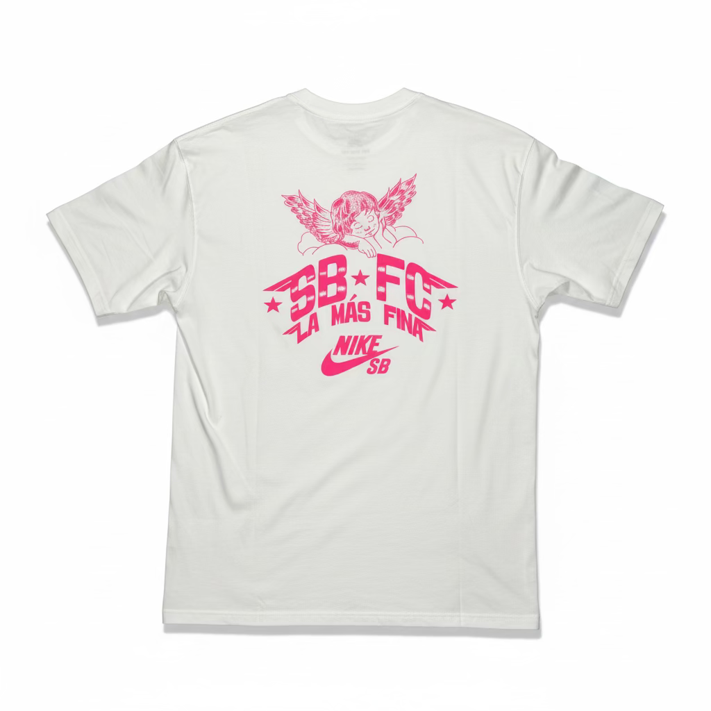 rear of t-shirt with pink printed SB FC and LA MAS FINA in center of back, on white background