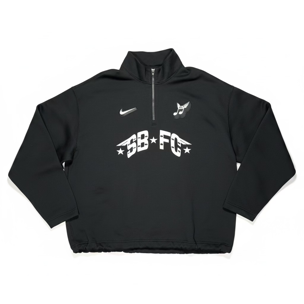 black half zip crewneck sweatshirt with SB and FC printed on the middle chest