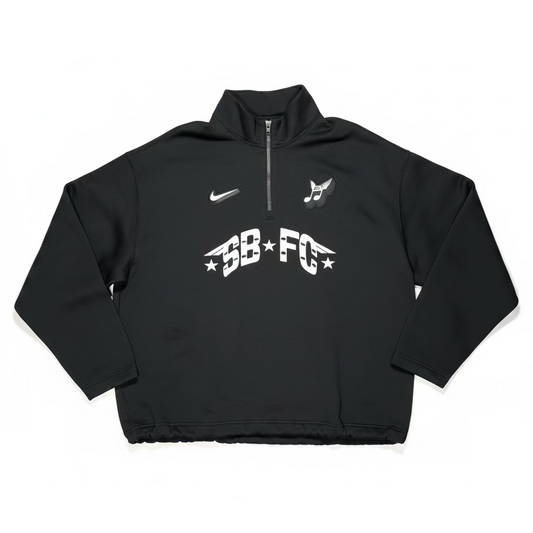 black half zip crewneck sweatshirt with SB and FC printed on the middle chest