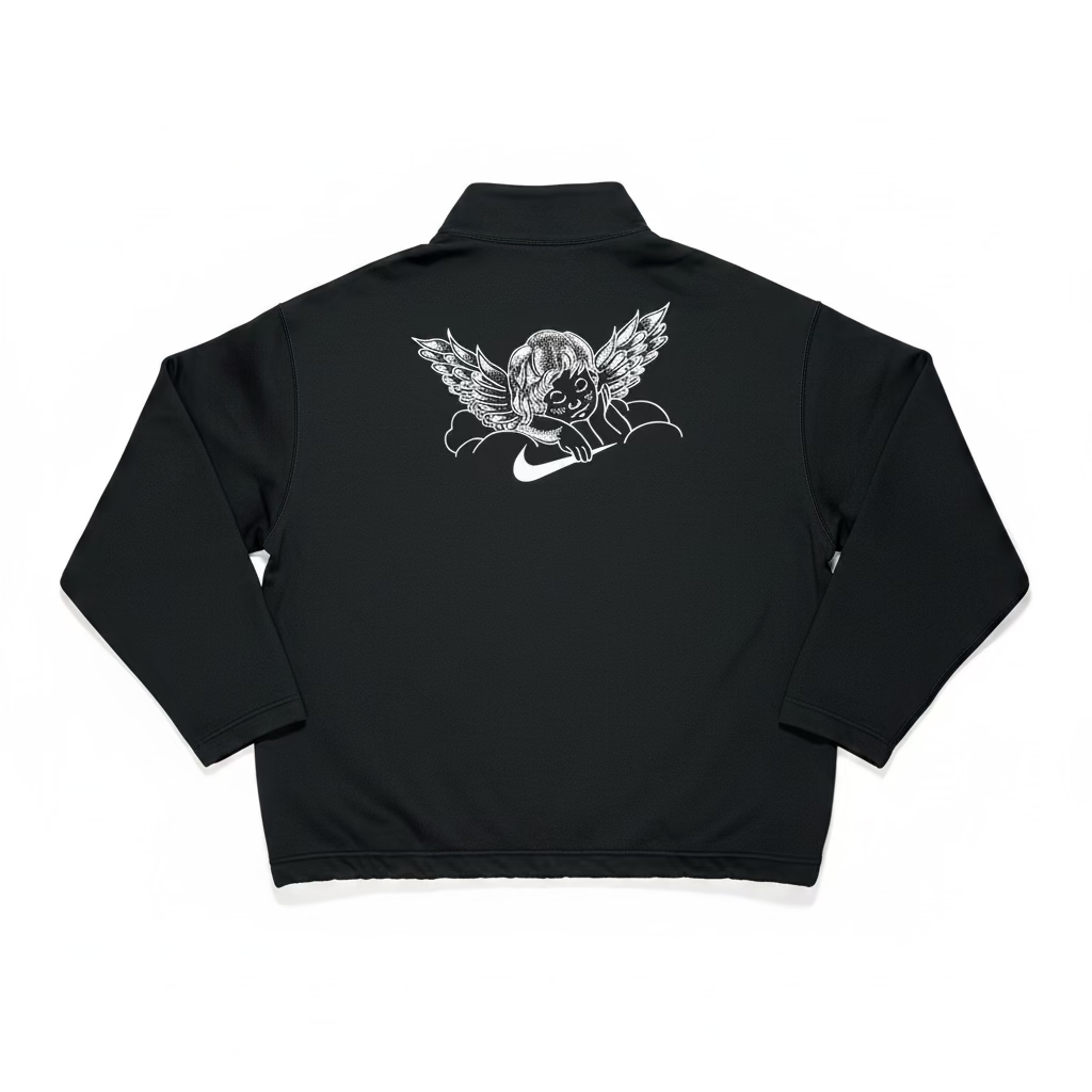 rear of black fleece half zip crewneck with and angel holding a swoosh