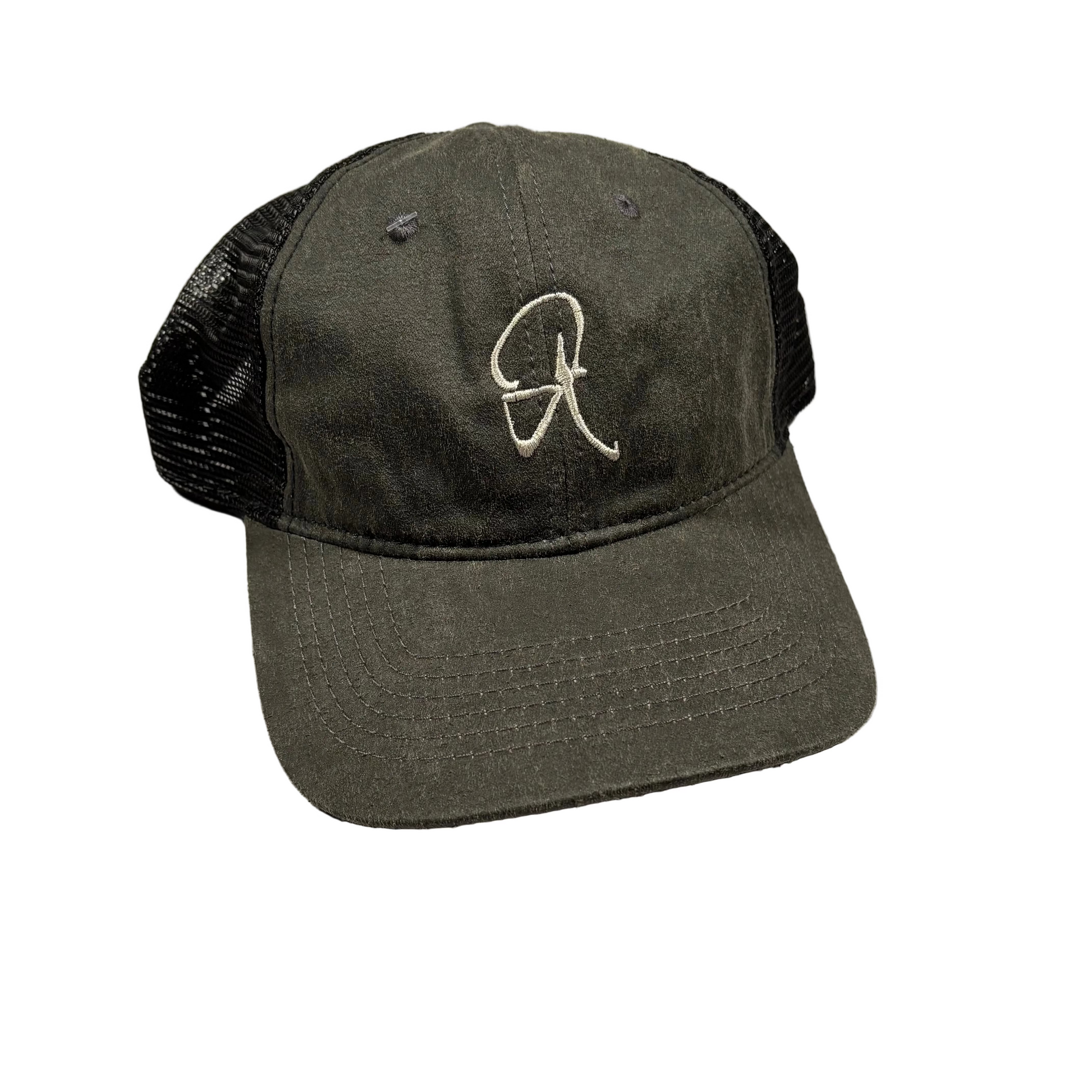 washed black mesh back hat with embroidered logo on a white background