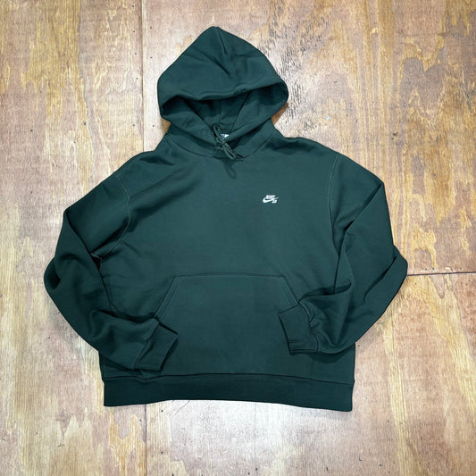 dark green pullover hoodie with white NIKE SB logo embroidered on left chest