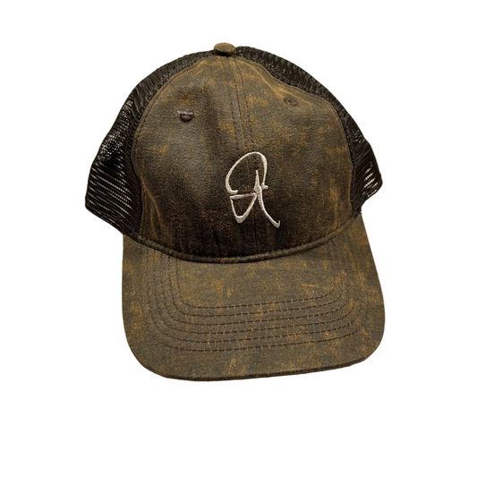 Brown distressed style hat with mesh back, on white background