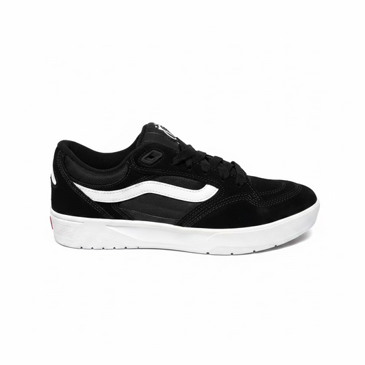 A black low-top sneaker with a white side stripe and white sole, photographed from the side against a white background.