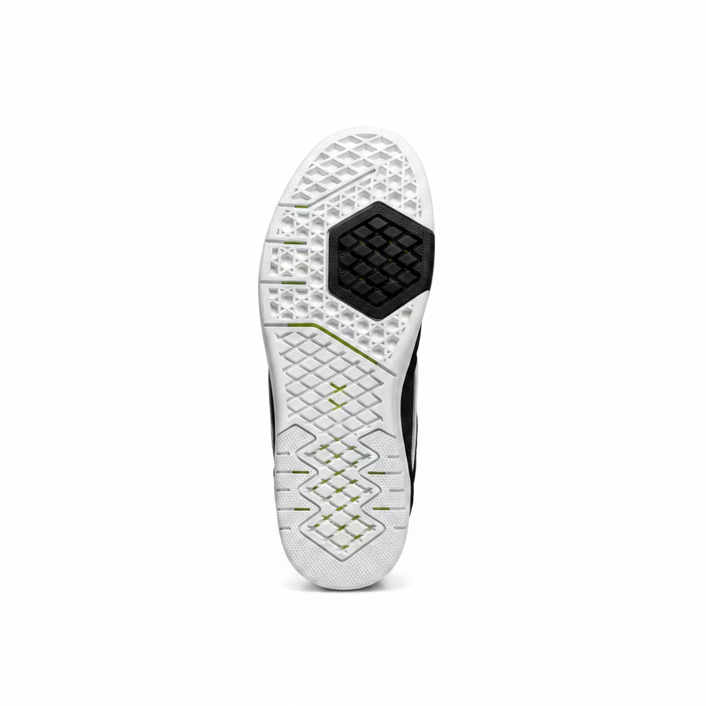 A close-up of a black and white athletic shoe's textured outsole, showing a black hexagonal pattern on the heel and a white flexible tread with small yellow-green details, set against a white background.
