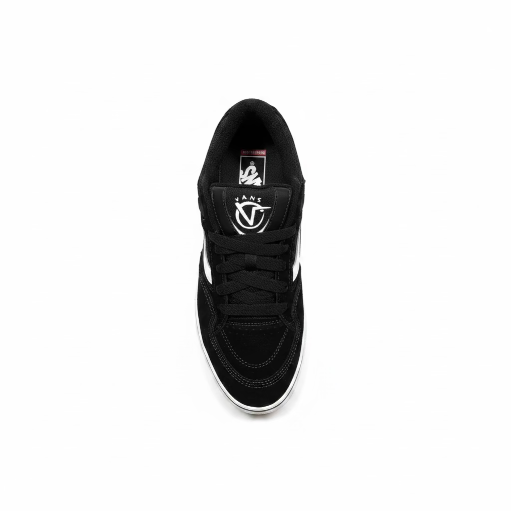 A black Vans skate shoe with white accents, shown from a top-down view on a white  background.
