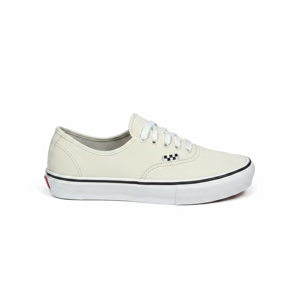 A Vans Authentic sneaker in off-white suede with white laces, a black stripe along the sole, and the signature Vans checkered side logo, set against a white background.
