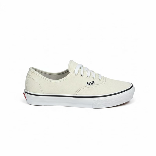 A Vans Authentic sneaker in off-white suede with white laces, a black stripe along the sole, and the signature Vans checkered side logo, set against a white background.