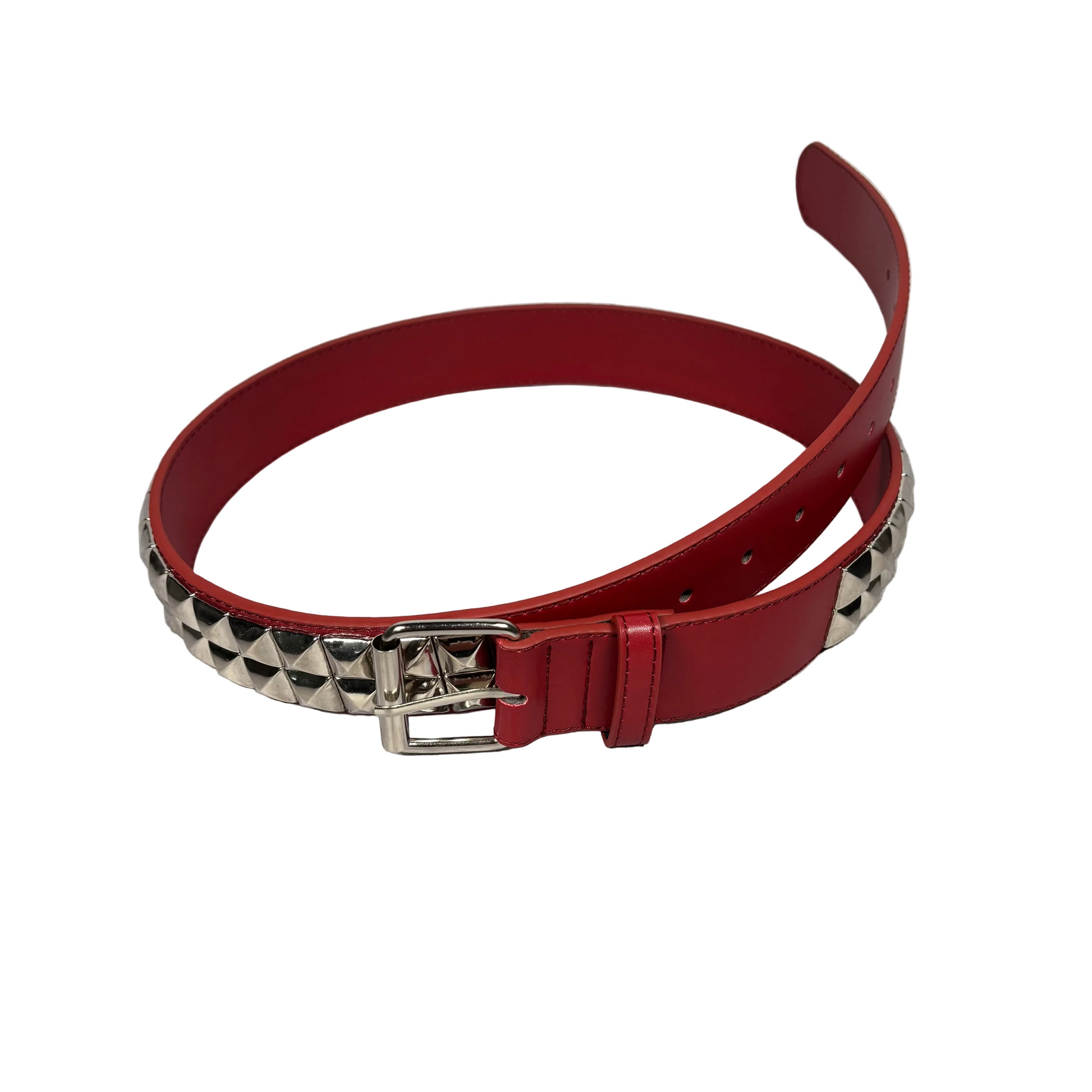 maroon studded belt on a white background