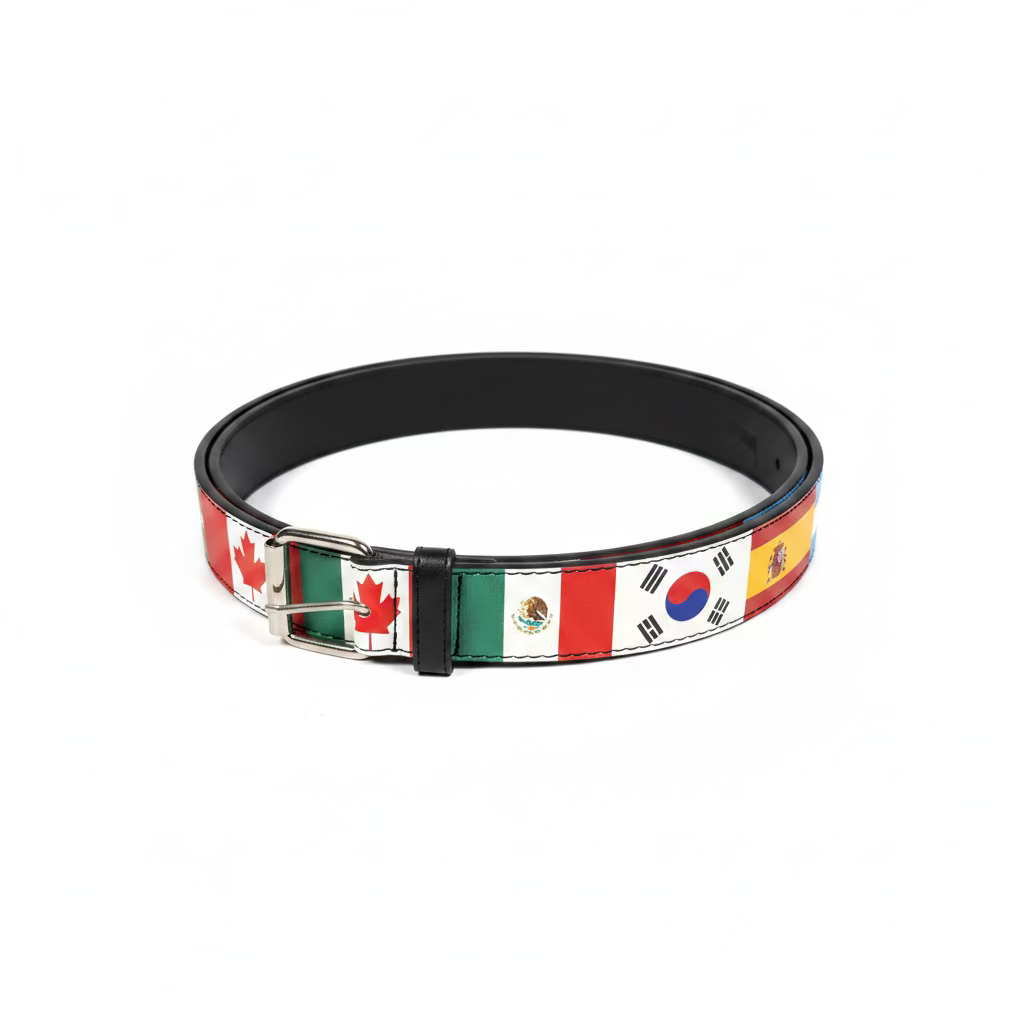 black belt with various nationalities flags on them