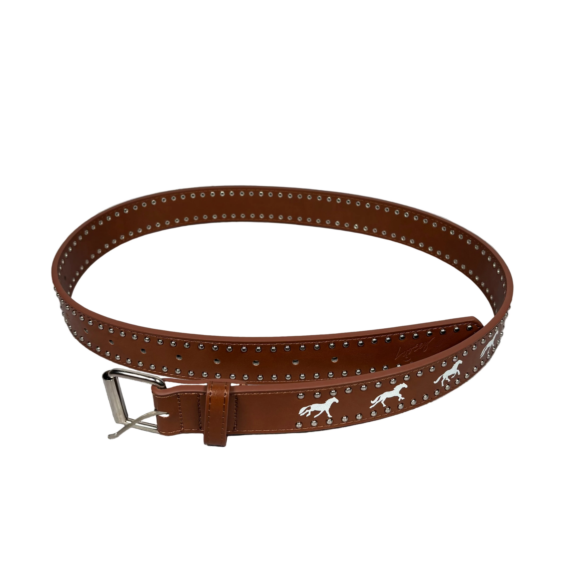 brown belt with metal rivets, and horses printed in middle of rivets