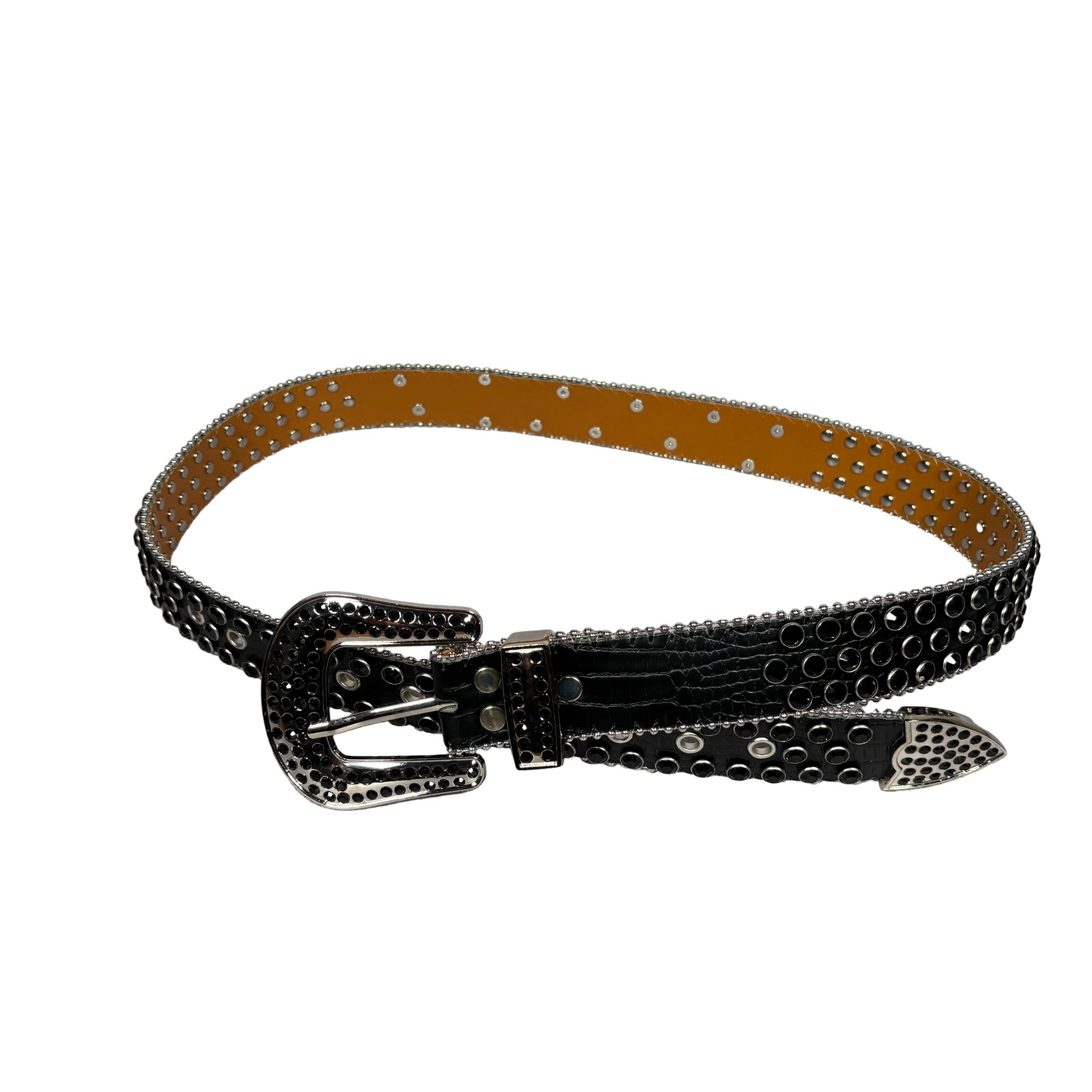 black belt with rhinestones, and big belt buckle, also with rhinestones.