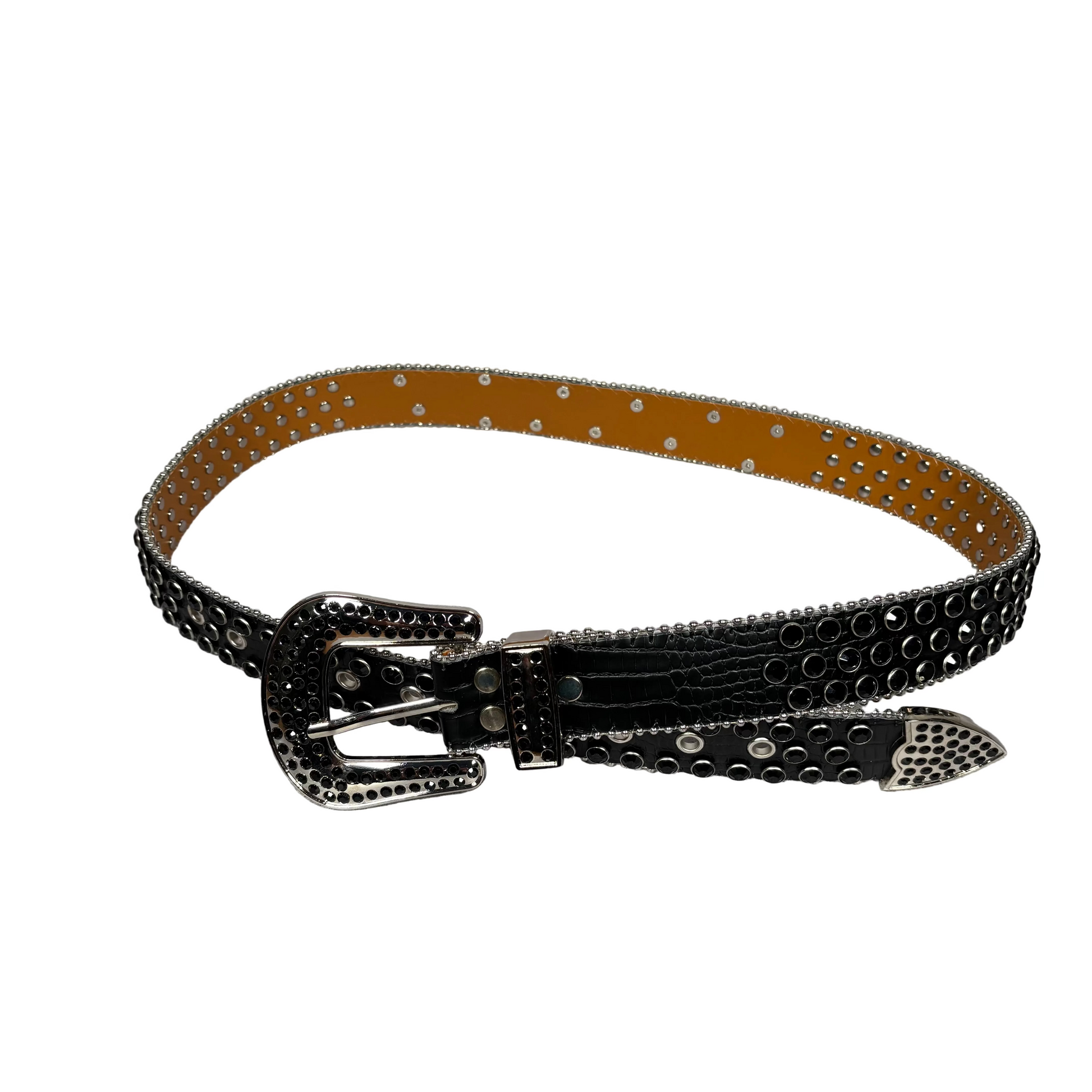 black belt with rhinestones, and big belt buckle, also with rhinestones.