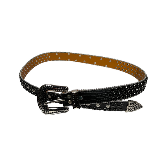 black belt with rhinestones, and big belt buckle, also with rhinestones.