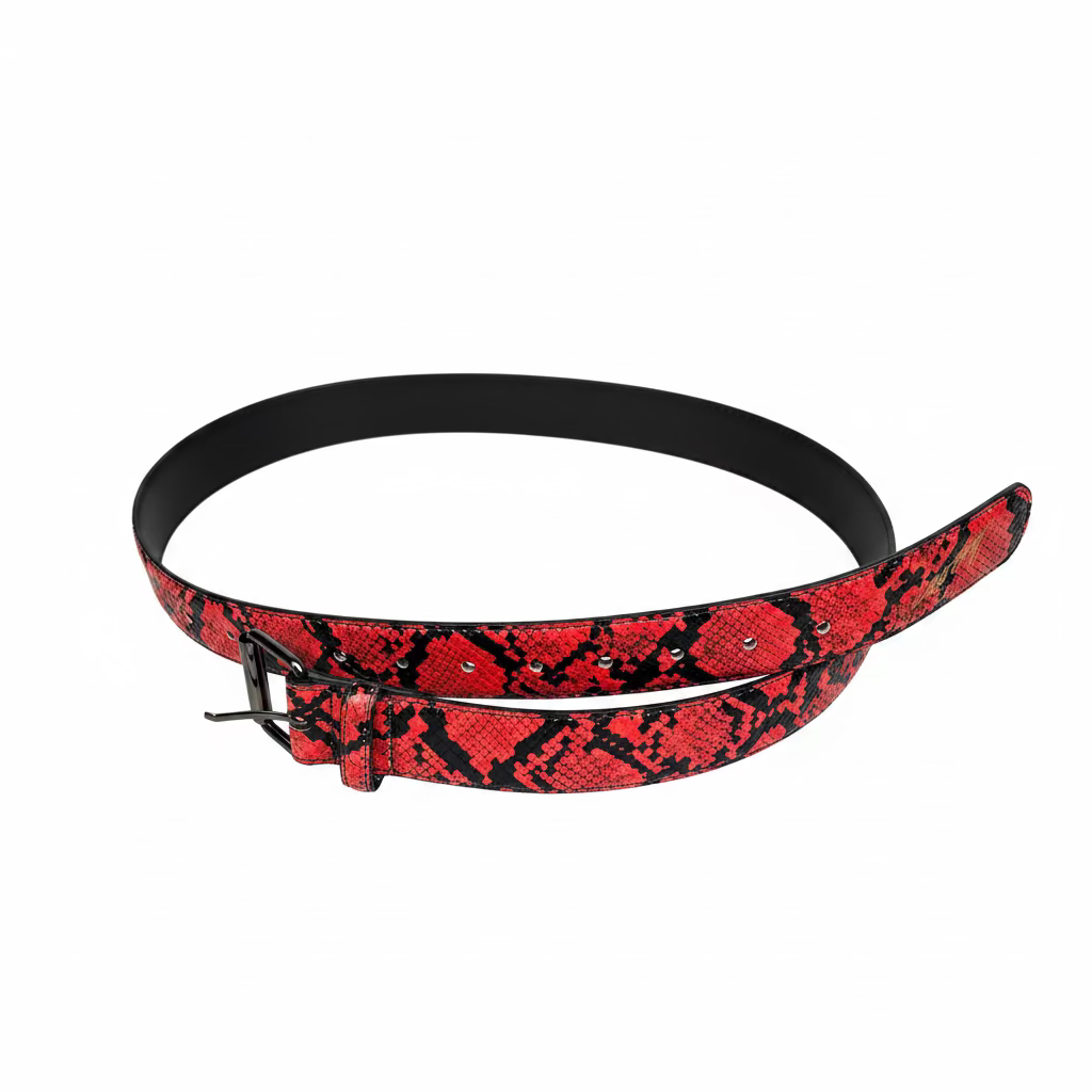 red faux snake skin belt against white background