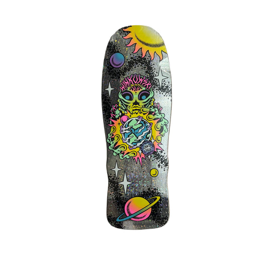 metallic and neon skateboard deck with alien graphic