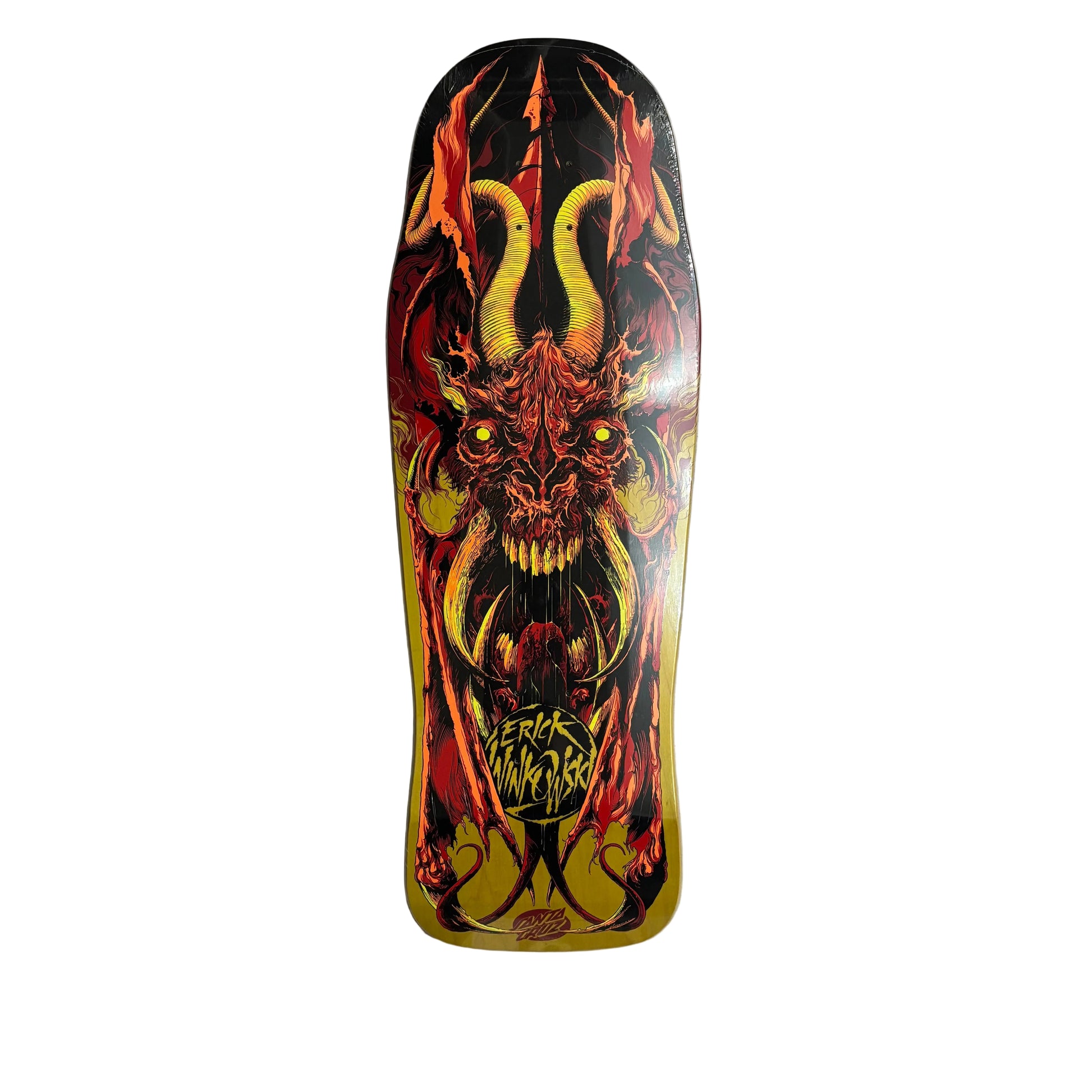 dark, evil looking goat graphic on skateboard deck