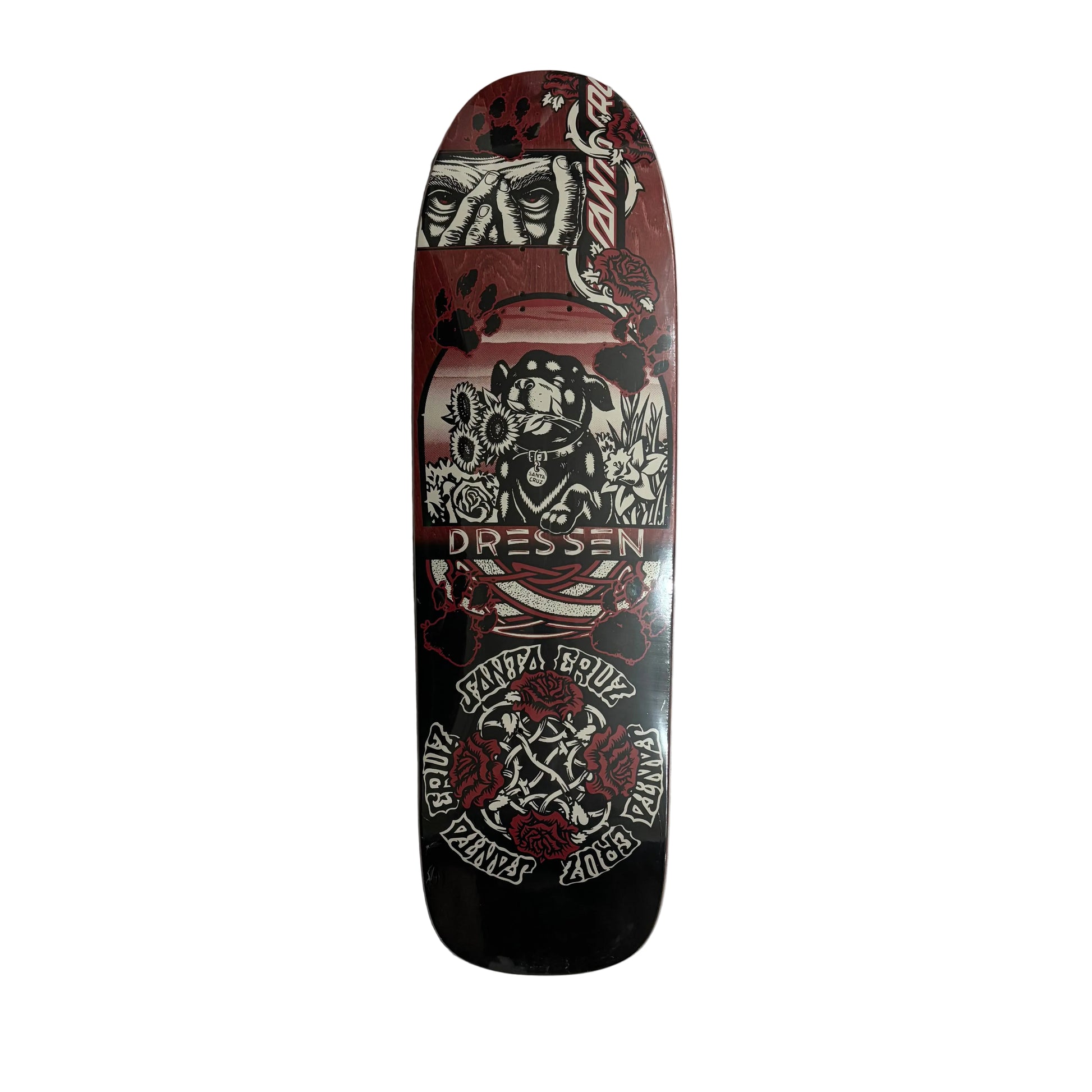 red, black white skateboard deck