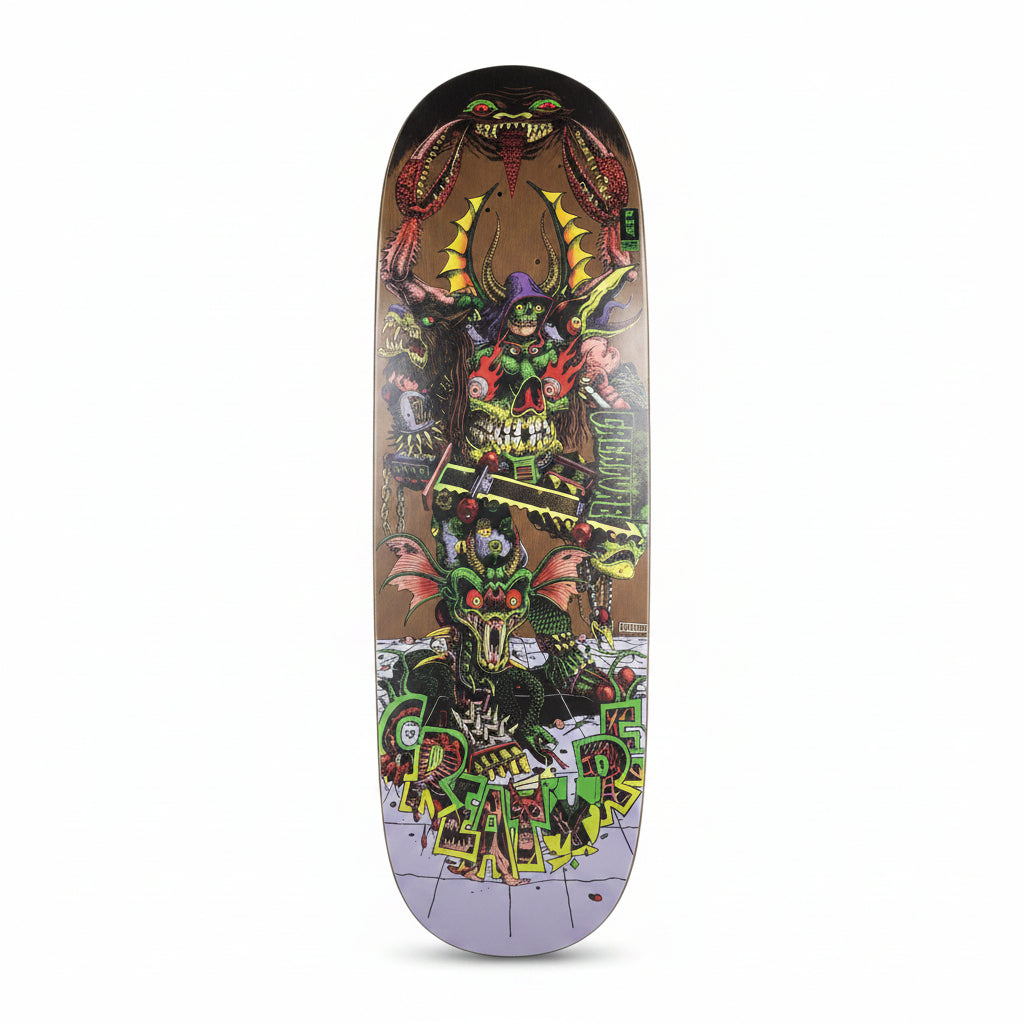 colorful dragon and beast style deck graphic on  skateboard, on white background