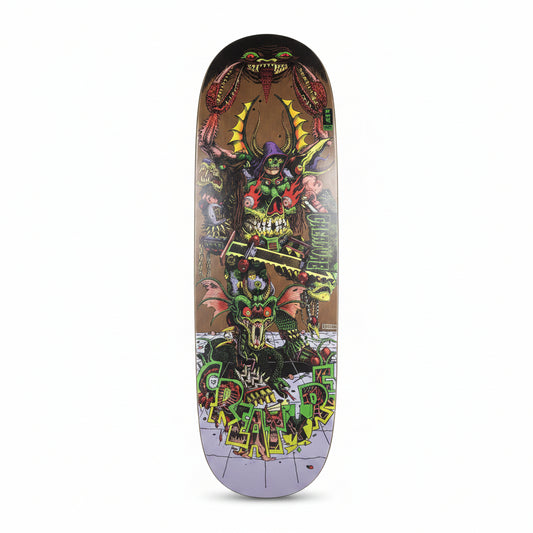 colorful dragon and beast style deck graphic on  skateboard, on white background