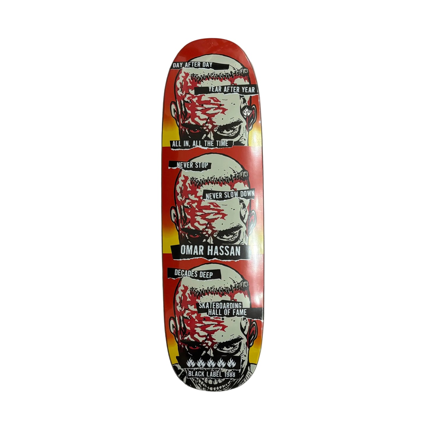 three heads on skateboard deck graphic with NEVER STOP, NEVER SLOW DOWN and OMAR HASSAN printed on graphic, on  a white background