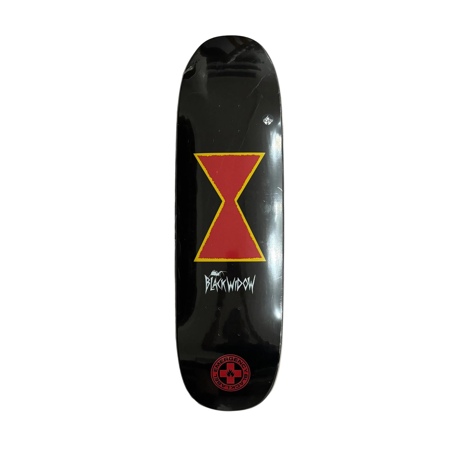 black and red skateboard deck with red hourglass graphic in center of deck, similar to a black widow spider, on a white background