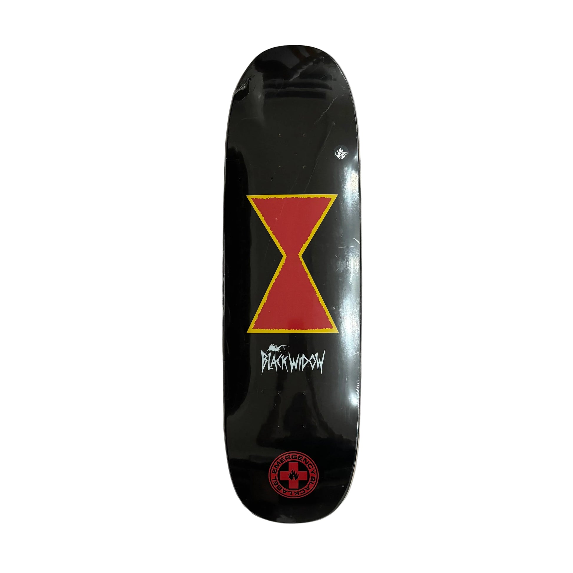 black and red skateboard deck with red hourglass graphic in center of deck, similar to a black widow spider, on a white background