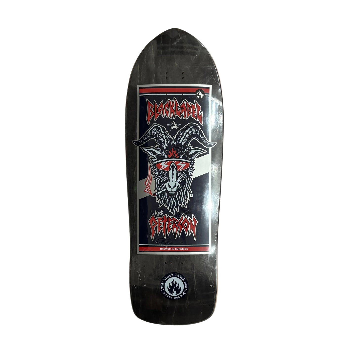 skateboard deck with goat graphic wearing speed shade sunglasses with BLACK LABEL and PETERSON on deck on a white background