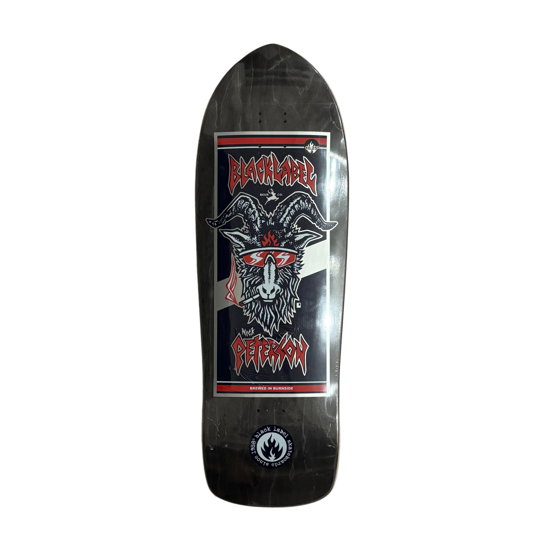 skateboard deck with goat graphic wearing speed shade sunglasses with BLACK LABEL and PETERSON on deck on a white background